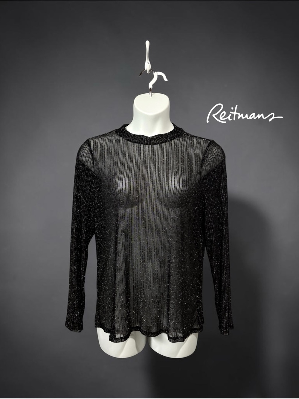 NEW, Reitmans Rock & Shine, 2X Black Silver Sheer Mesh Top Long Sleeve Stretch